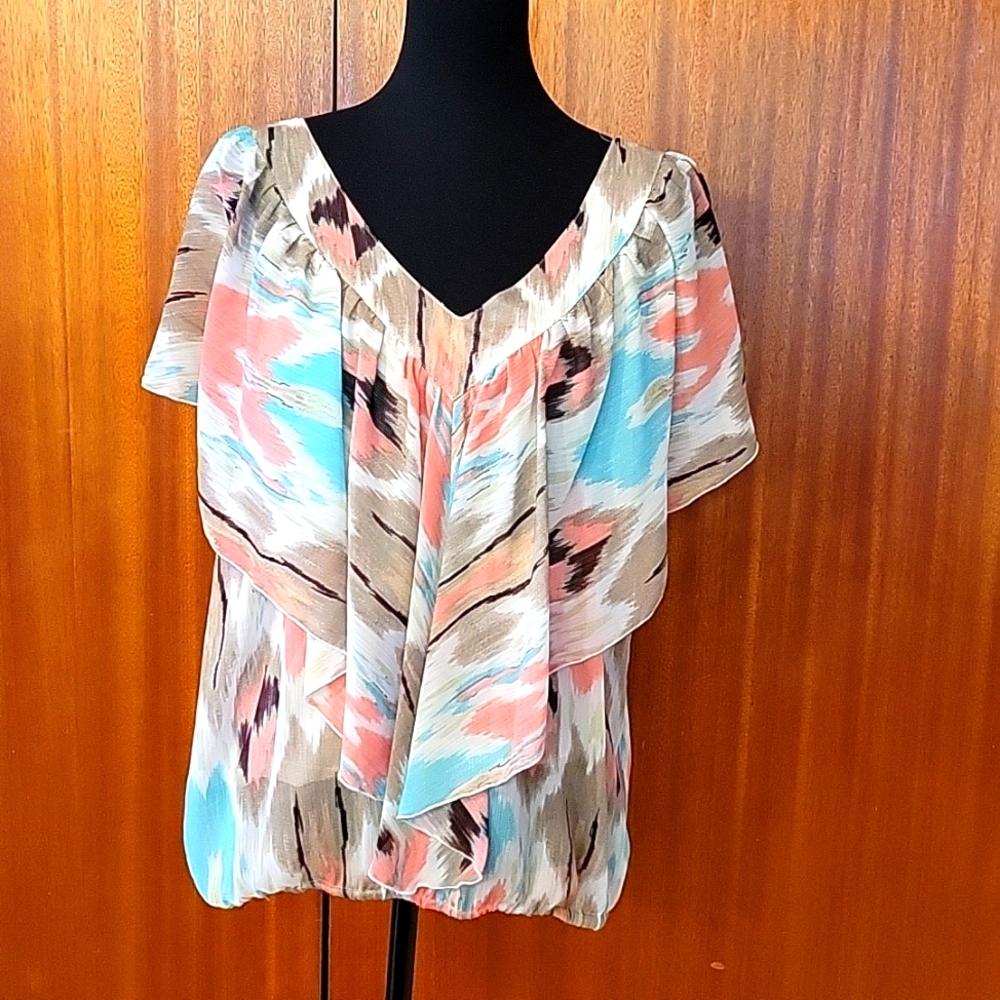 ND XL Salmon, Teal, Brown Blouson Top.  Elastized Waist. Lined
